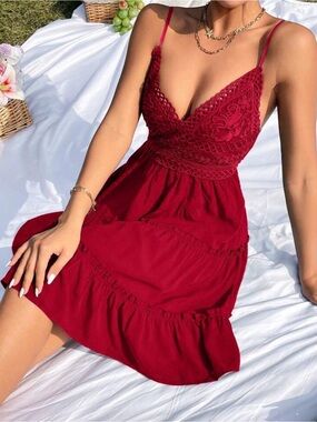 Red Lace-Trim Spaghetti Strap Mini Dress